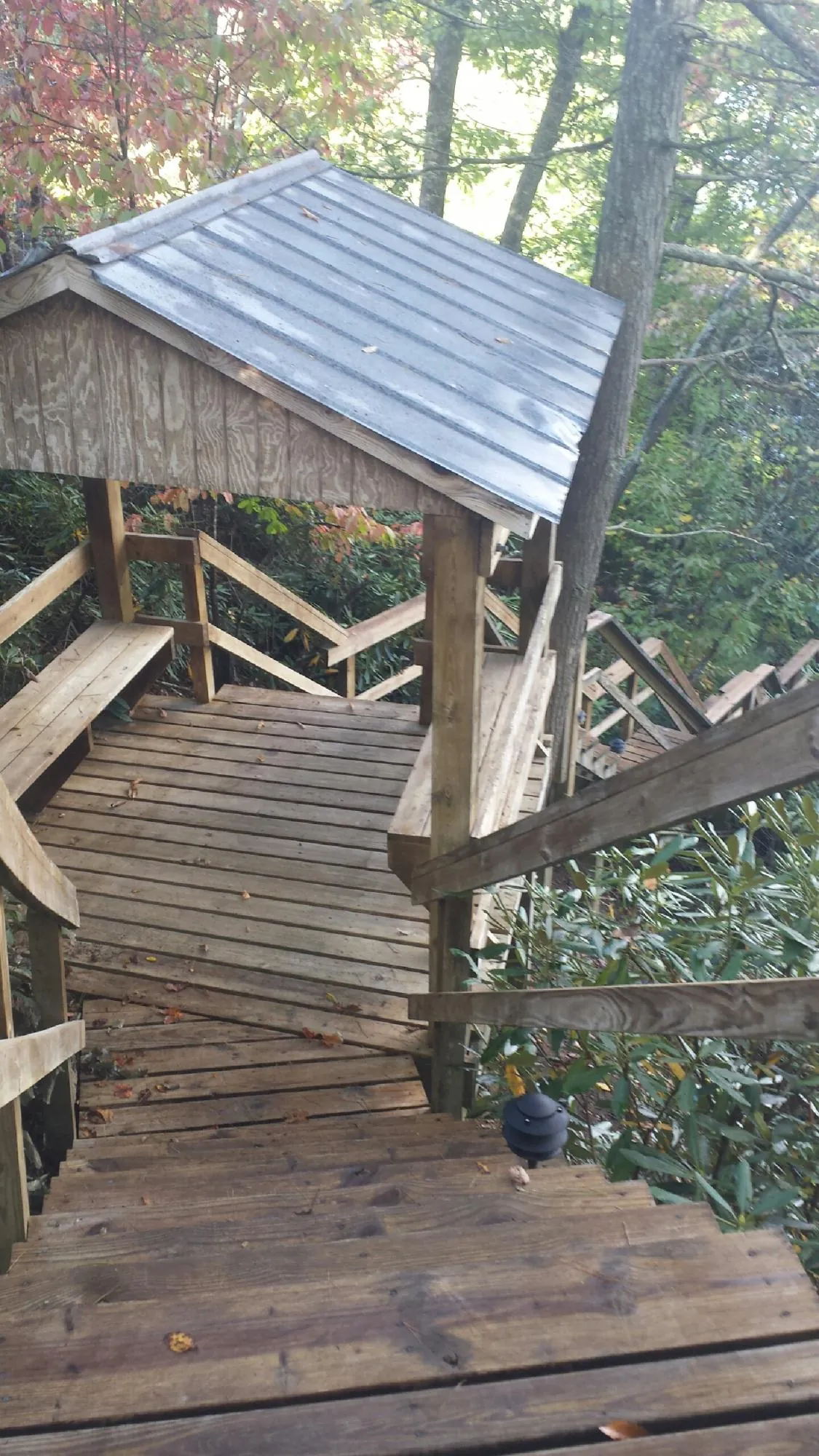 Metal roofed shelter over wooden steps on a wooded walkway — Skylight Repair & Installation work by our crew in Bondurant